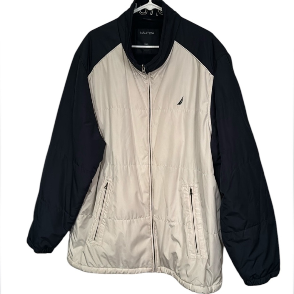 NAUTICA Men's Blue Cream Zip Up PufferJacket Signature Logo Fleece Lining XXL